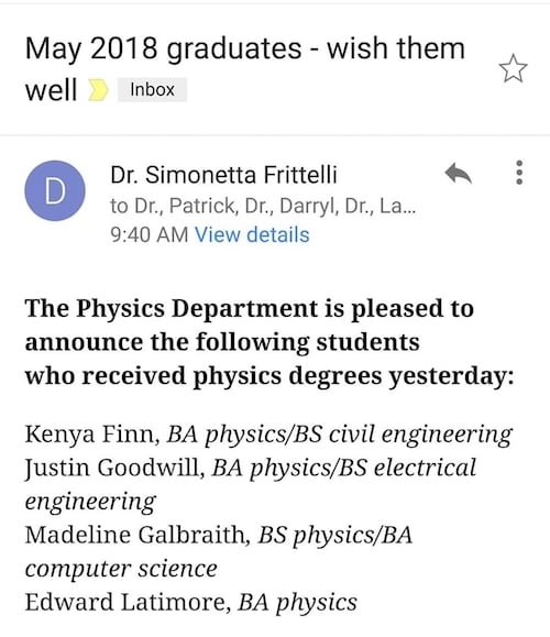 Physics degree announcement from Duquesne