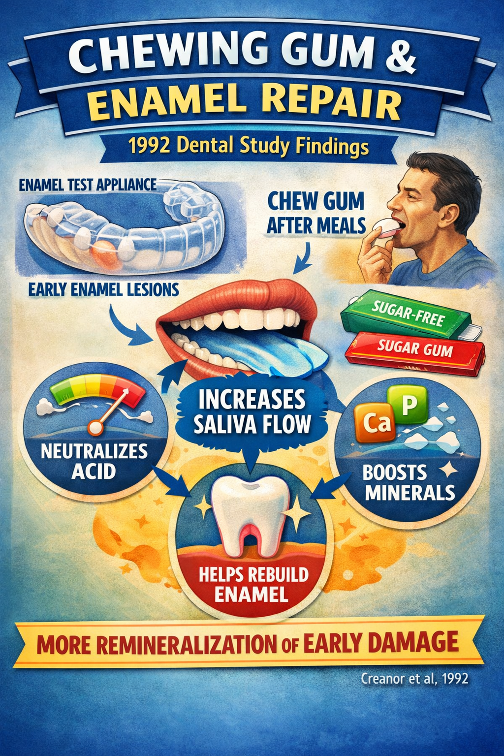 chewing gum creates saliva which helps repair teeth