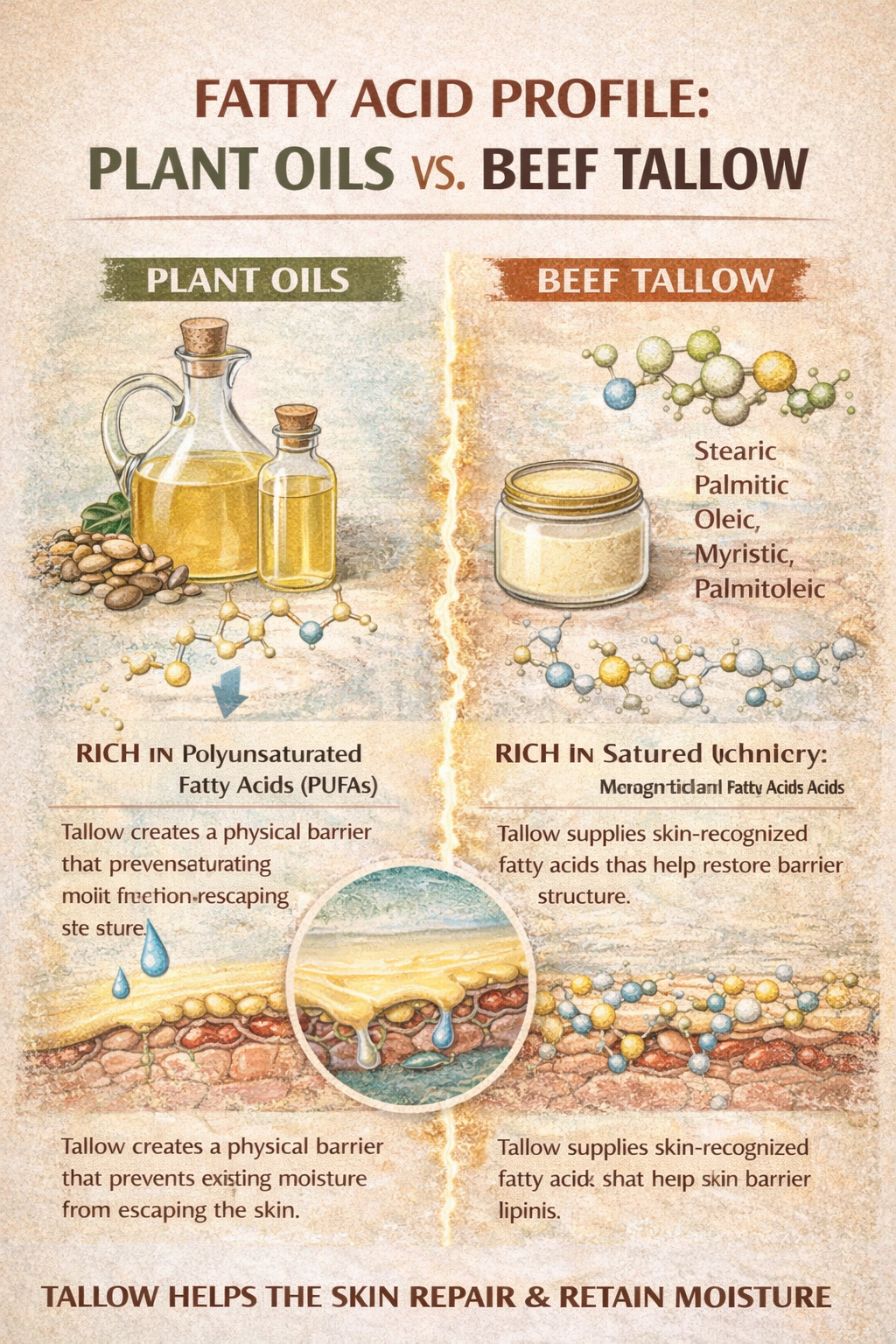 Fatty acid profie of plant oils versus beef tallow