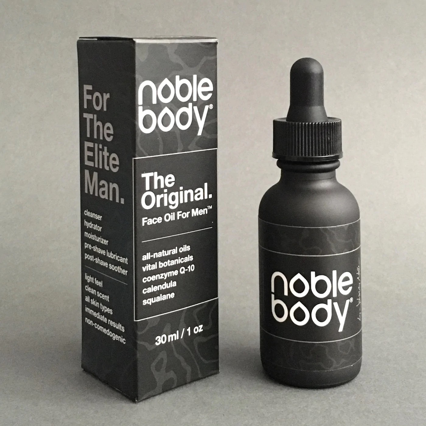 bottle and box of Noble Body face oil for men