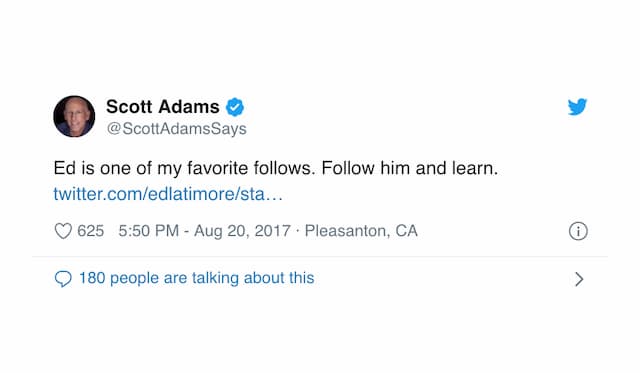 Screenshot of Scott Adams' tweet saying Ed is one of his favorite follows
